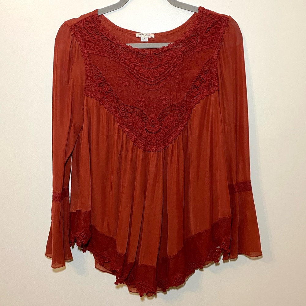 BOHO Crochet Lace Top Orange Pumpkin Color Sz. M Flowy, Layered, Autumn, Fairy